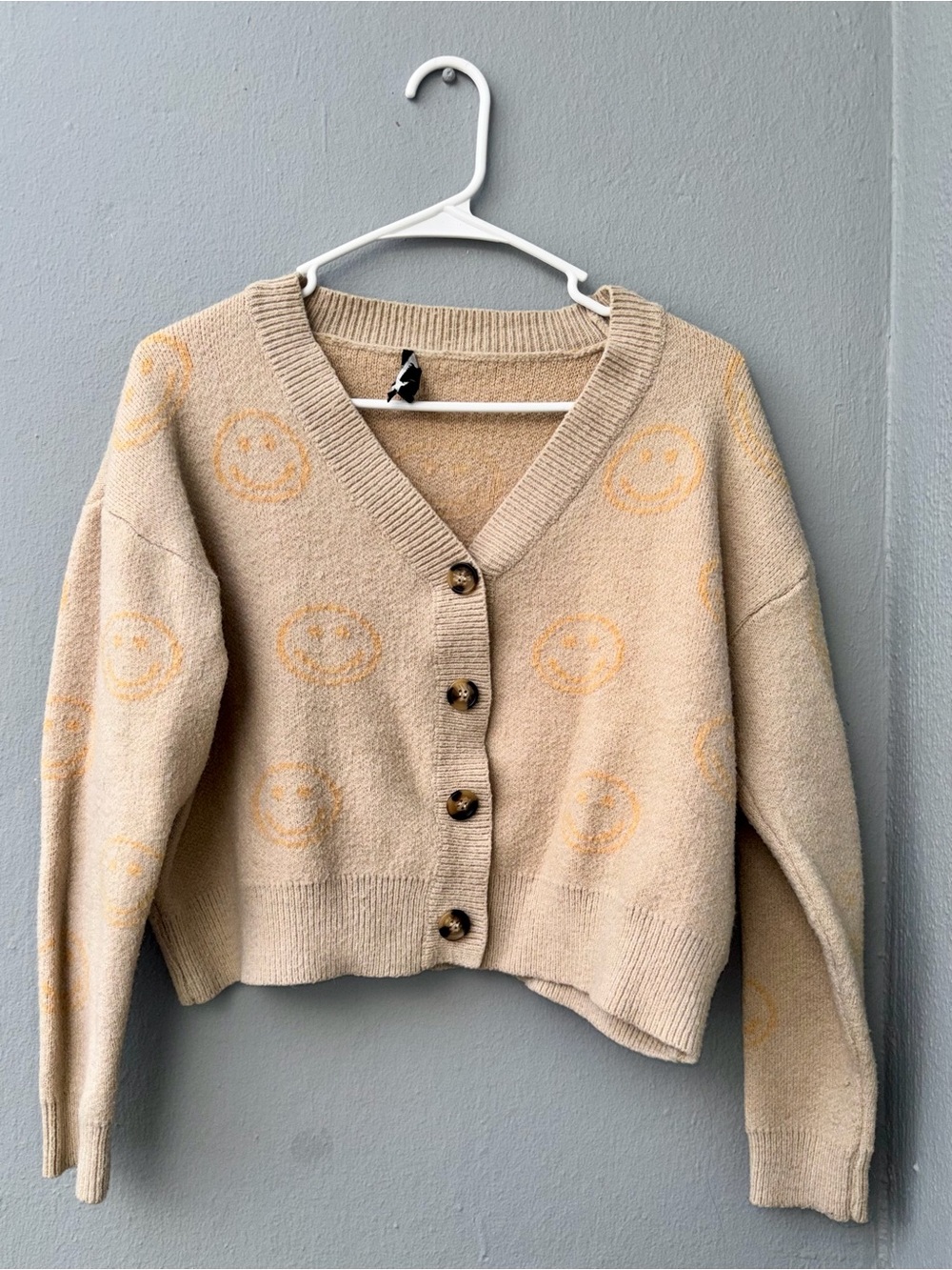 Forever 21 Beige Cardigan with Yellow Smiley Motif